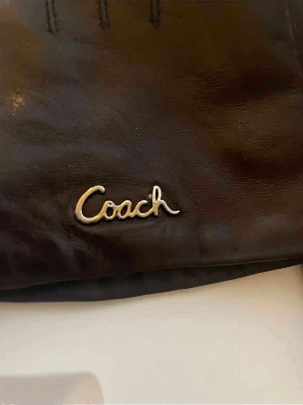 Coach  woman Brown Leather Gloves with Script Logo cashmere lining